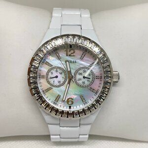 GUESS White Tone Quartz Analog Women's Watch mop dial crystal size 7.5” running